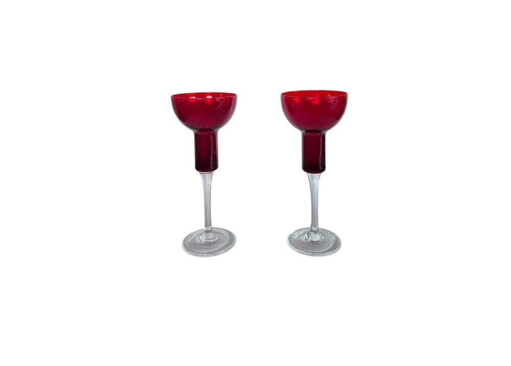Vintage Red Cranberry Glass Candle Holders Tall Red Christmas Holiday Set of 2